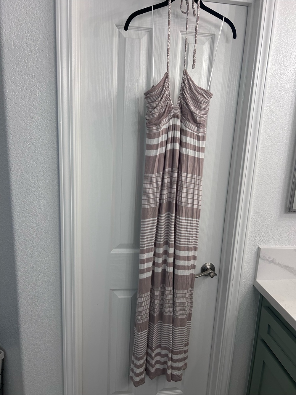 lovestitch Taupe and White Striped Halter Maxi Dress